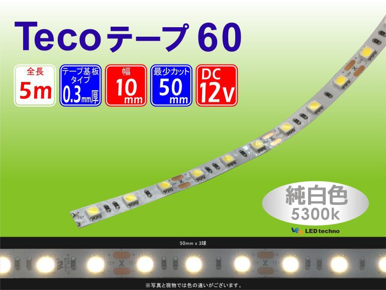 No,24 | Tecoテープ60 純白色 5300K | 明るさ：712lux　消費電力：6.36W | 500㎜：30球で計測